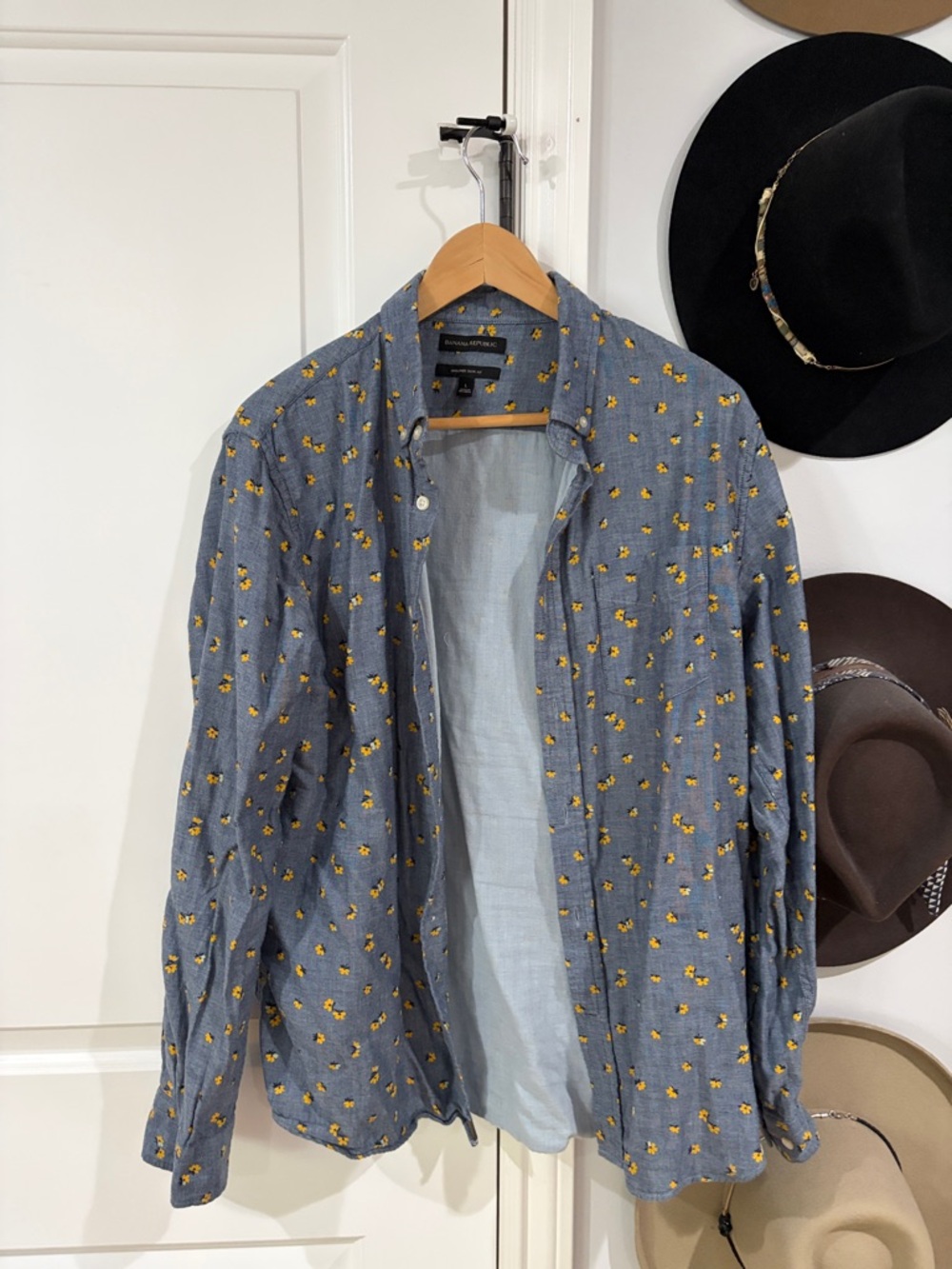 Banana Republic Blue Chambray Shirt with Yellow Floral Print